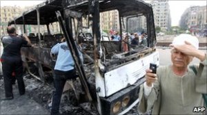 Burned military truck in Tahrir square
