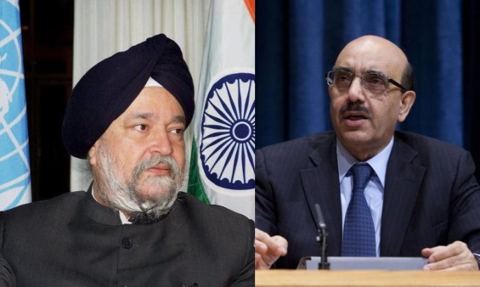 Perminent representatives of India and Pakistan in UN: Hardip Sing Puri (left) and Masood Khan